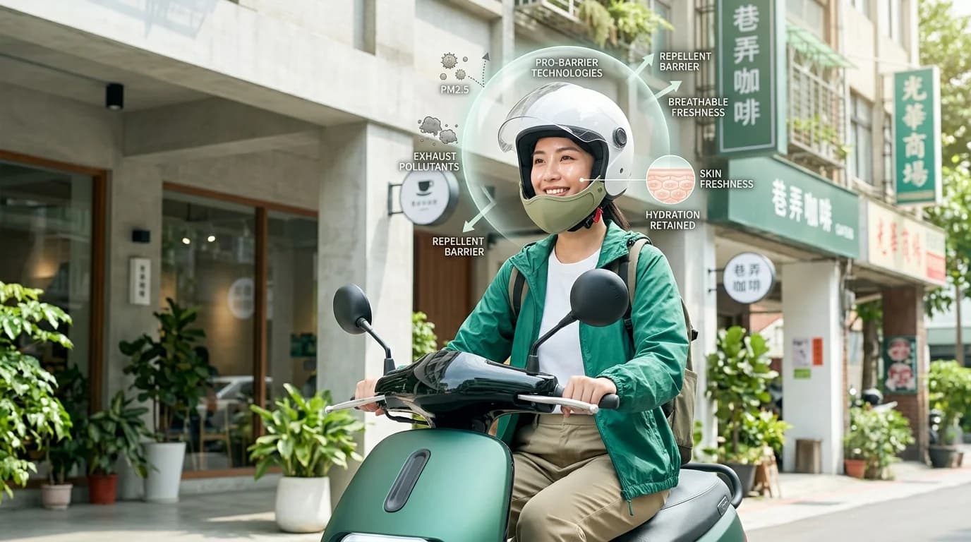 台灣都會通勤機車族配戴防護面罩與維持透亮水嫩膚況示意圖