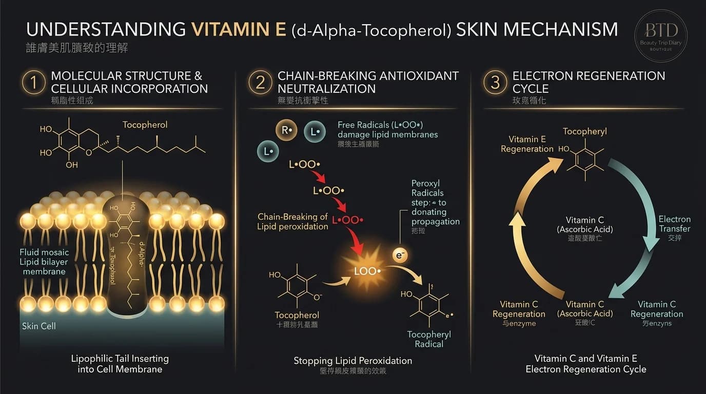 美麗旅程日記維他命E生育酚分子結構與抗氧化細胞屏障防禦機制圖解